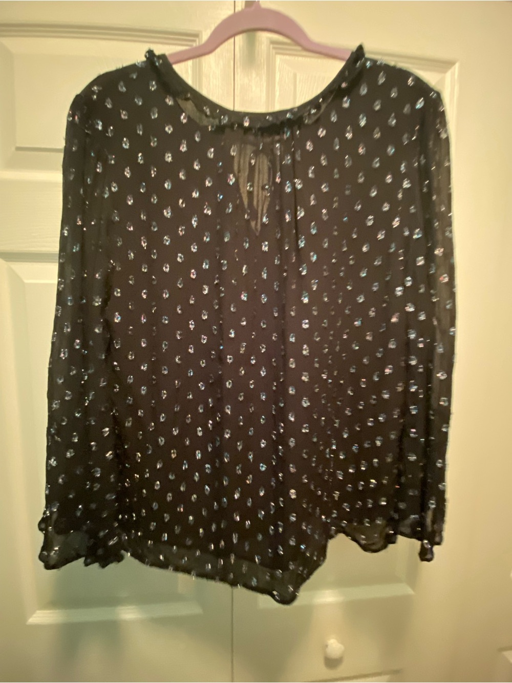 LOFT  Black Peasant Long Sleeve Blouse with metallic color dots Size Large - Picture 7 of 11